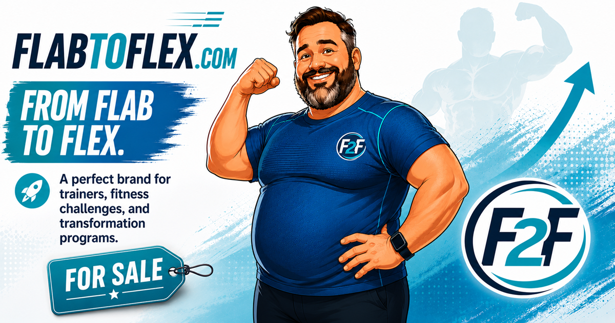 FlabToFlex.com fitness transformation banner featuring a smiling trainer, F2F branding, and a For Sale tag.
